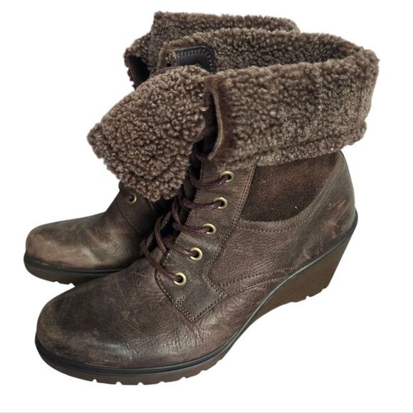 Ecco Brown Distressed Leather Shearling Lace Up Wedge Ankle Boots 36EU / US 5.5‎ - Picture 1 of 11